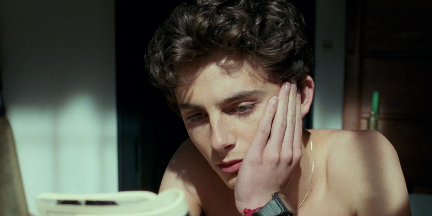 Elio resting his head on his hand while reading in Call Me by Your Name.