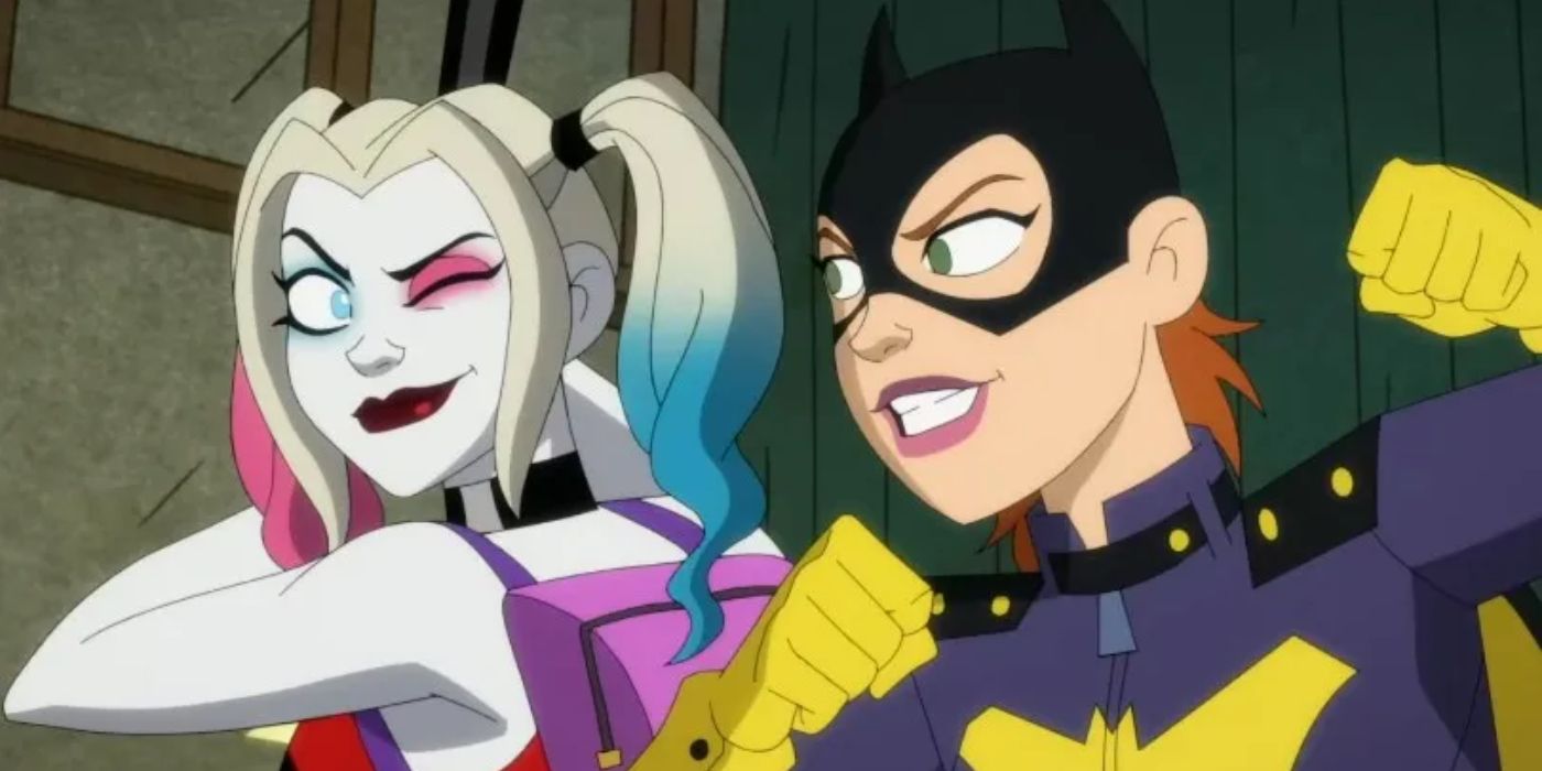Harley and Batgirl smiling while fighting together in Harley Quinn.