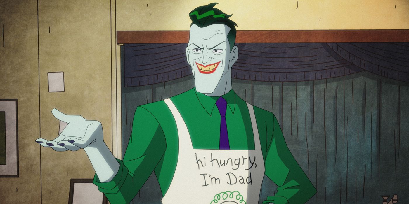 Joker smiling while wearing an apron in Harley Quinn.