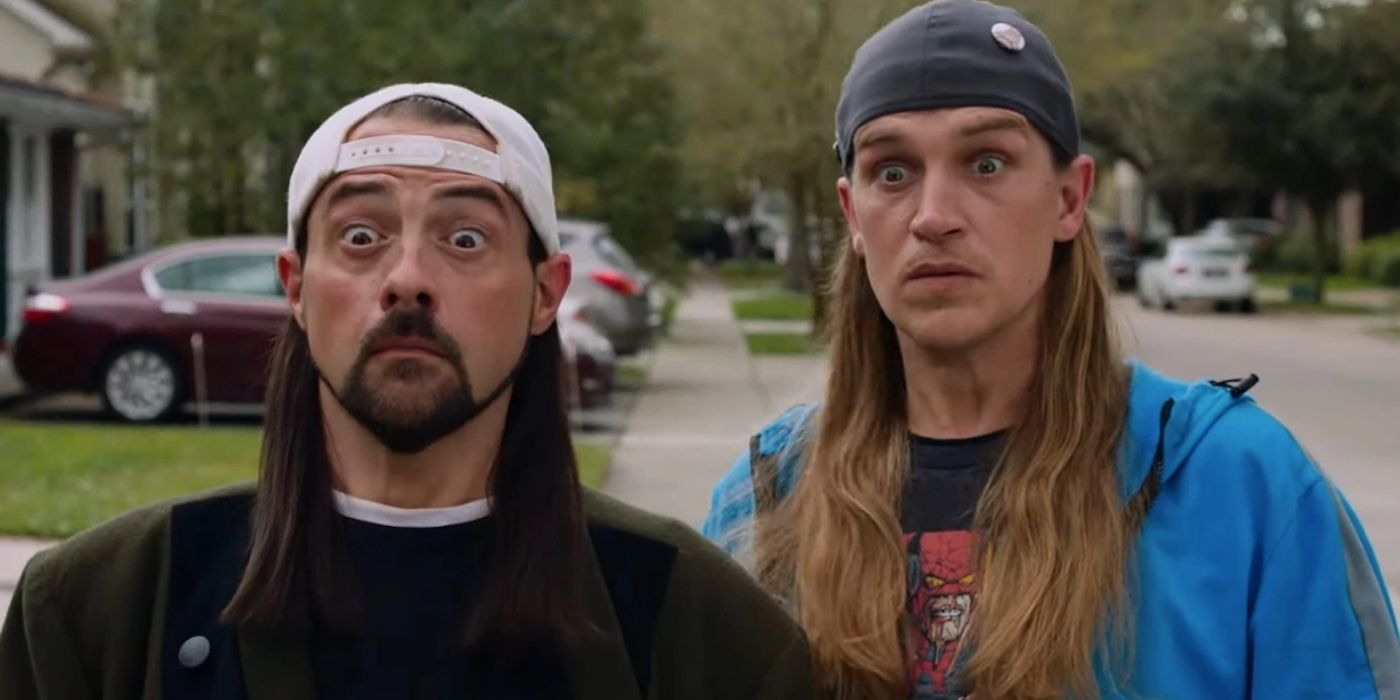 Kevin Smith and Jason Mewes as Silent Bob and Jay with surprised expressions in Jay & Silent Bob Reboot