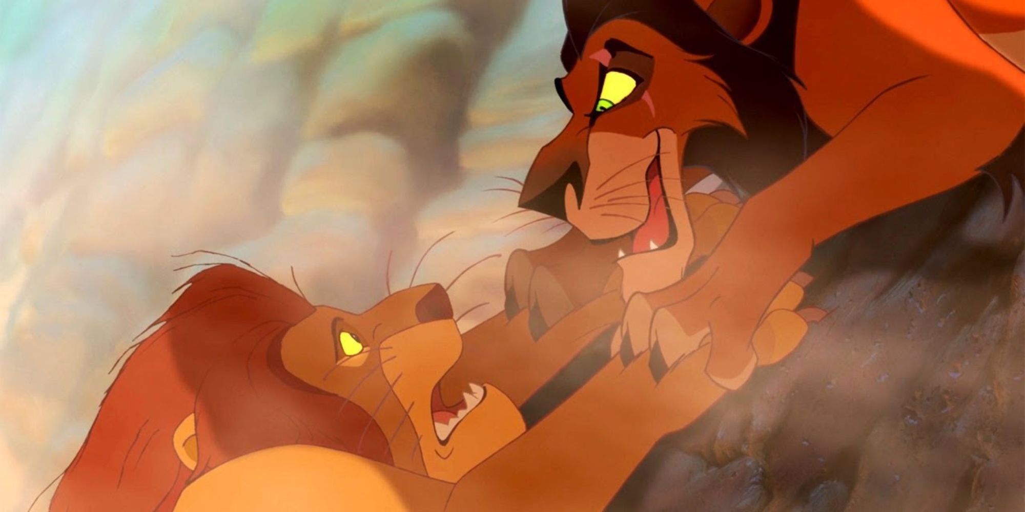 Scar sneers as he digs his claws into Mufasa's paws, ready for the kill