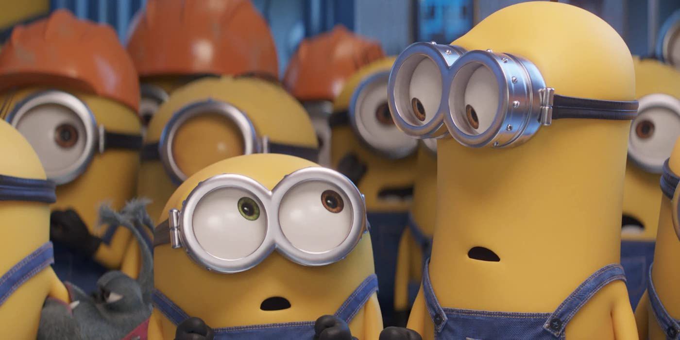 Two minions looking at each other in shock in Minions: Rise of Gru