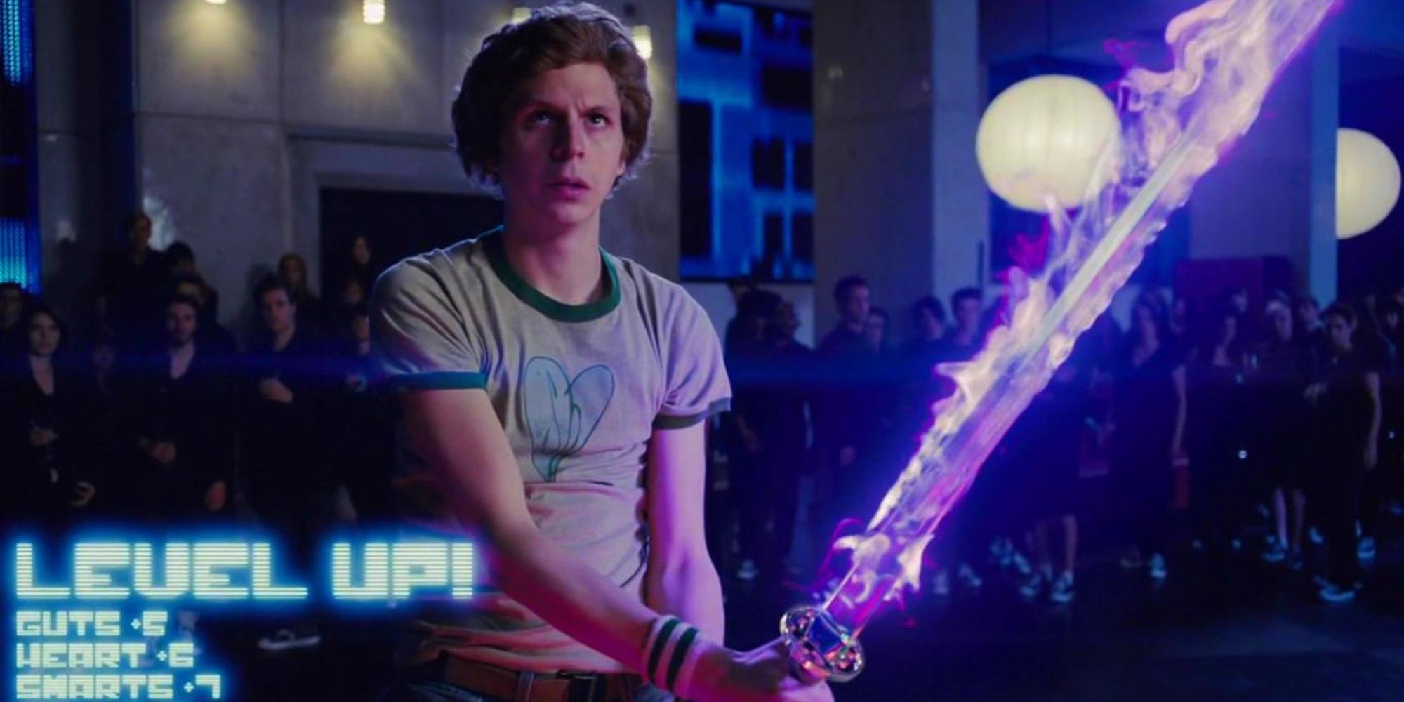 Scott holding a flaming sword after leveling up