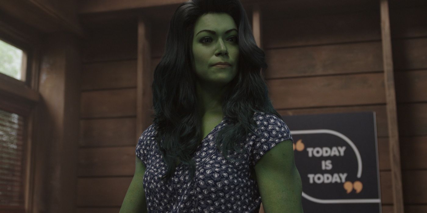 She-Hulk looks at things off-camera in She-Hulk: The Lawyer.