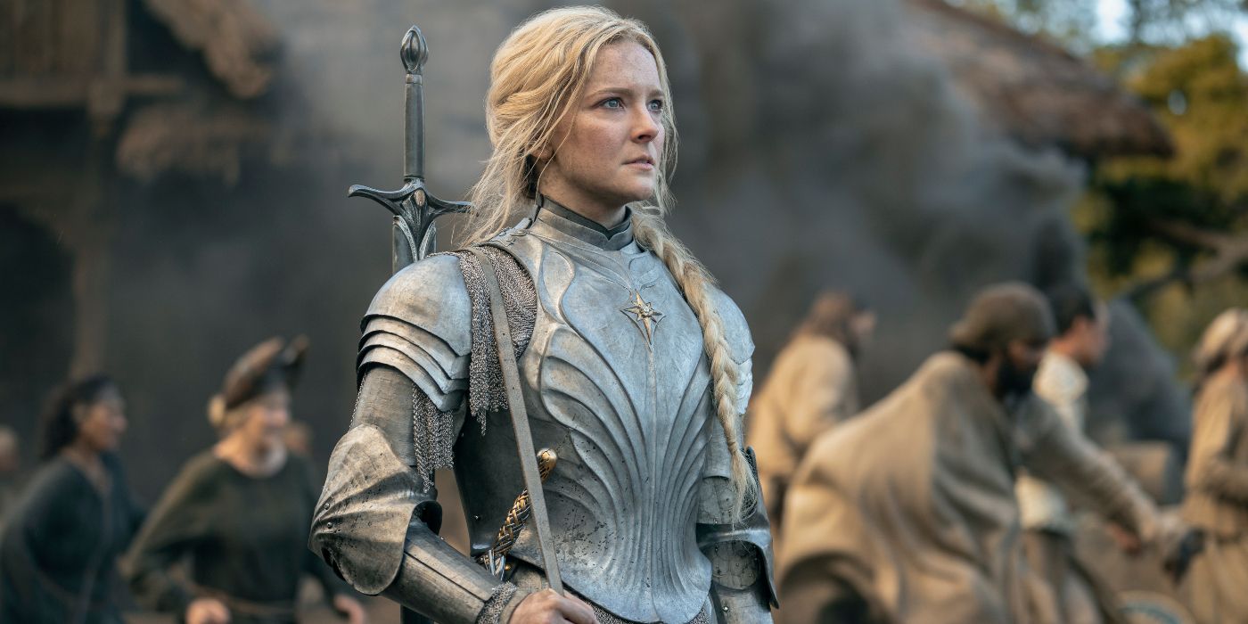 Morfydd Clark as Galadriel in a suit of armor in Rings of Power Season 1 Episode 6