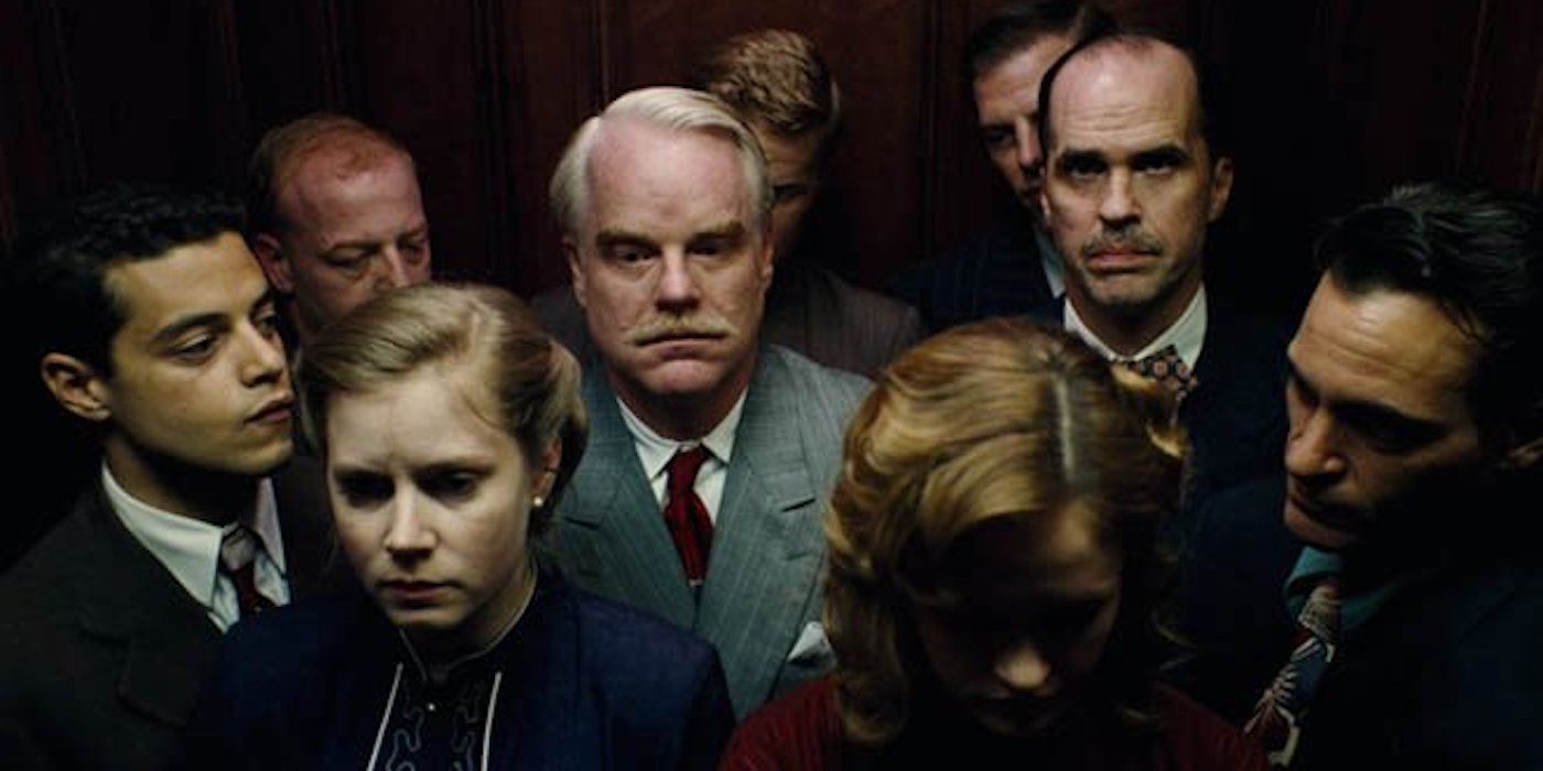 A collage of characters in an elevator from 'The Master'
