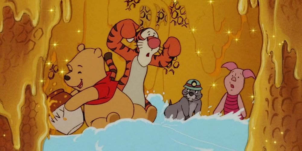 Pooh, Tigger, Piglet, and Gopher collecting honey from a honey tree.