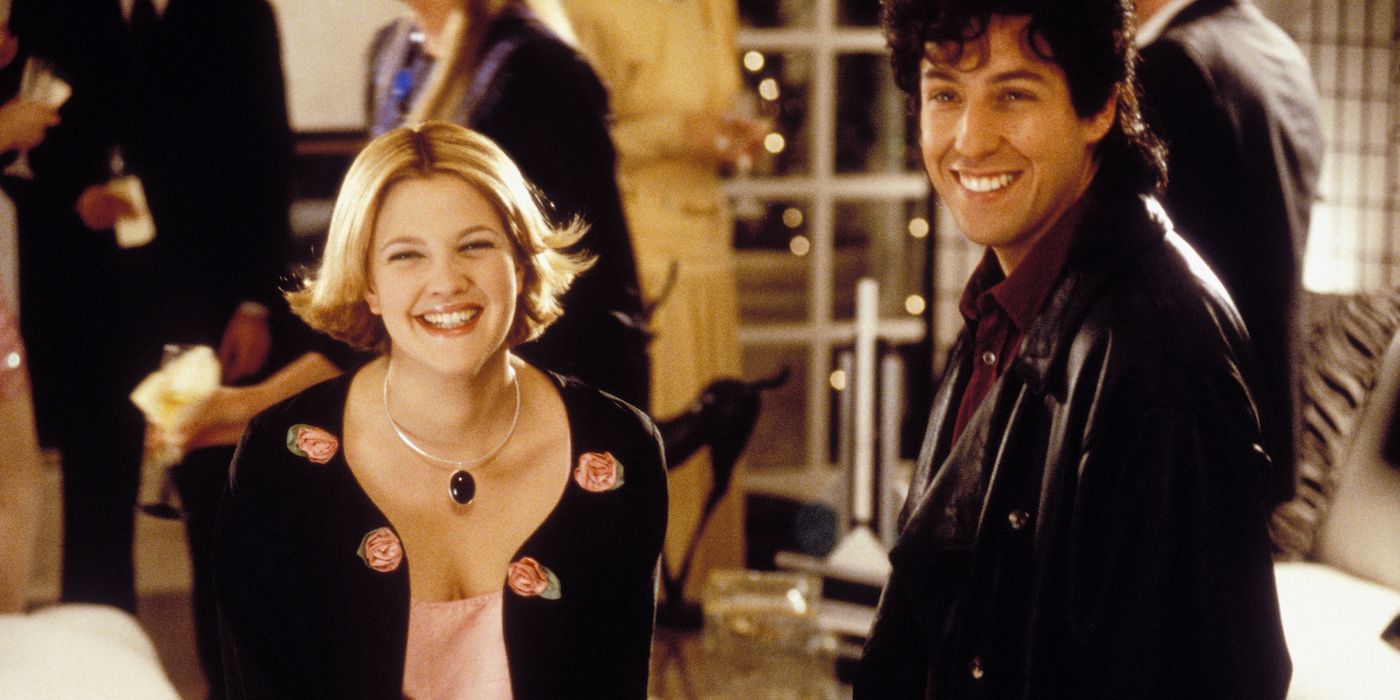Drew Barrymore and Adam Sandler laughing in The Wedding Singer