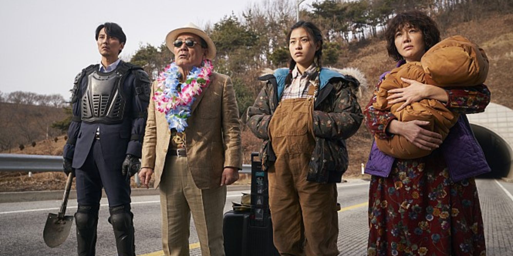 A family with luggage standing in the middle of the road in Zombie for Sale.