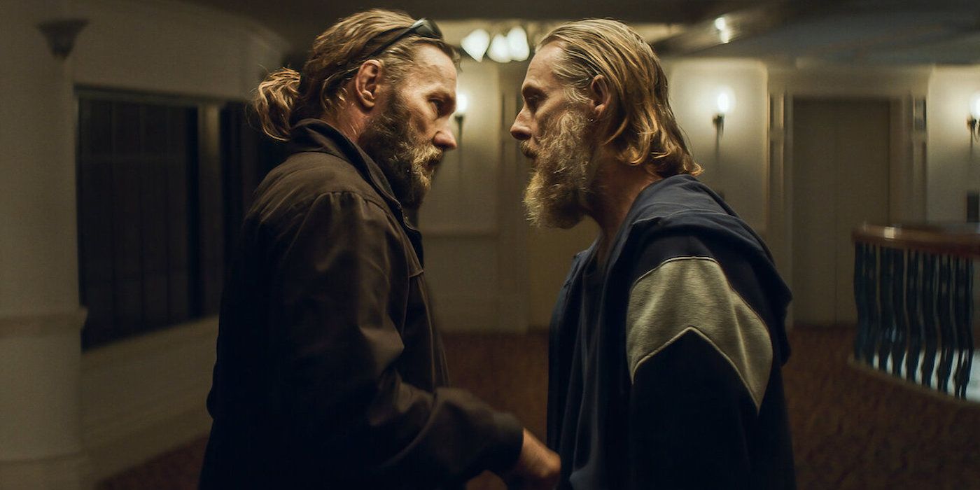 Joel Edgerton and Sean Harris as Mark and Herny talking in The Stranger