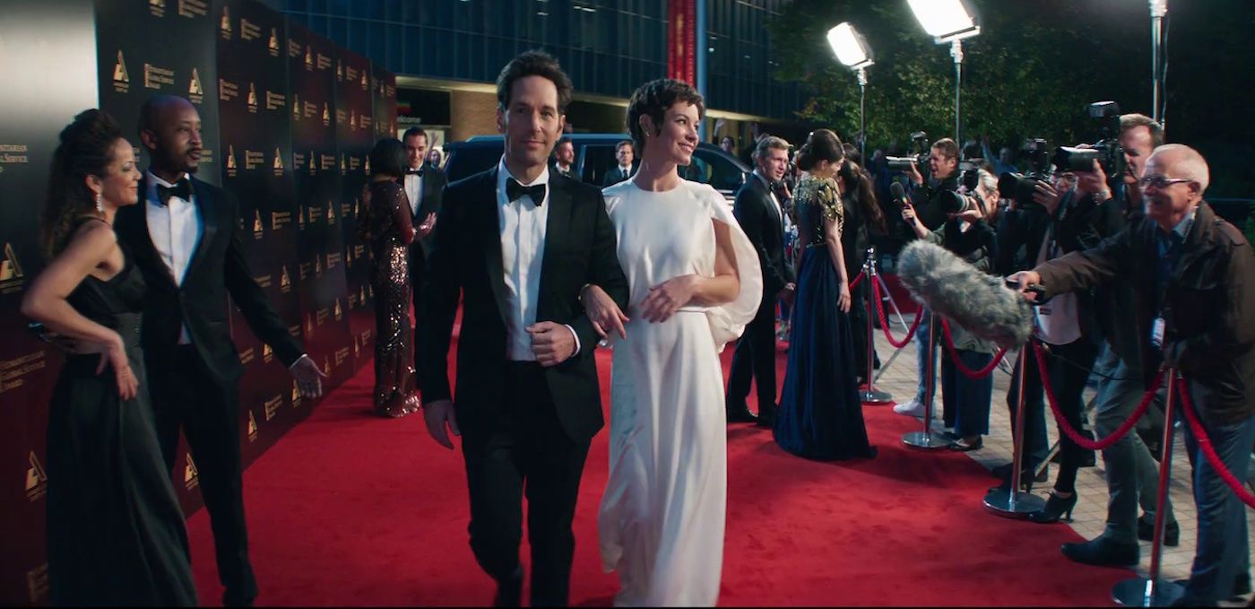 Paul Rudd and Evangeline Lily as Scott and Hope on a red carpet in Ant-Man and the Wasp: Quantumania 