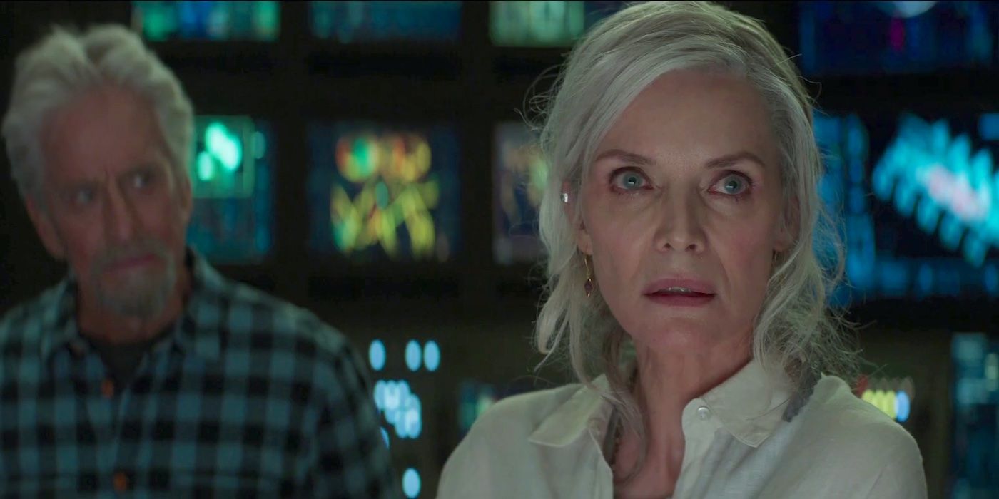Hank Pym and Janet Van Dyne looking scared in Ant Man and the Wasp: Quantumania.