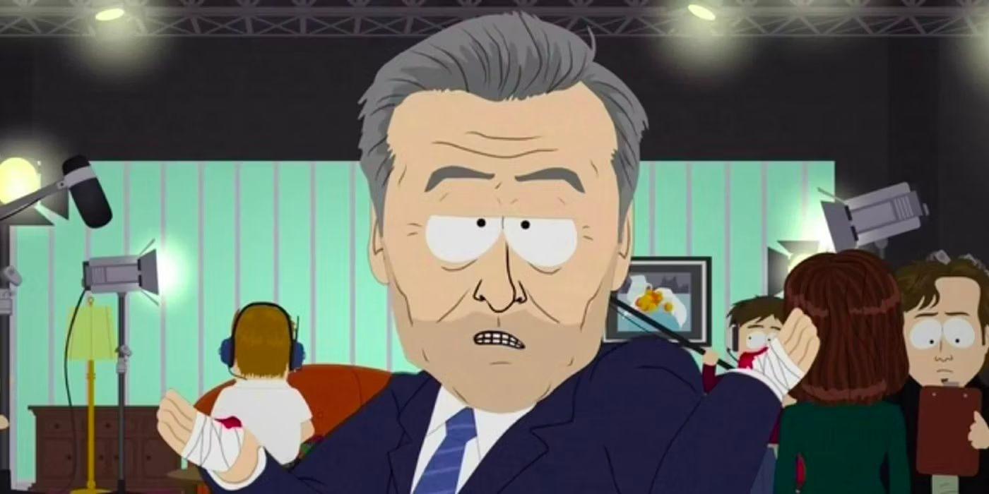 Alec Baldwin, voiced by Bill Hader, talks to the camera with thumb injuries in 'South Park'
