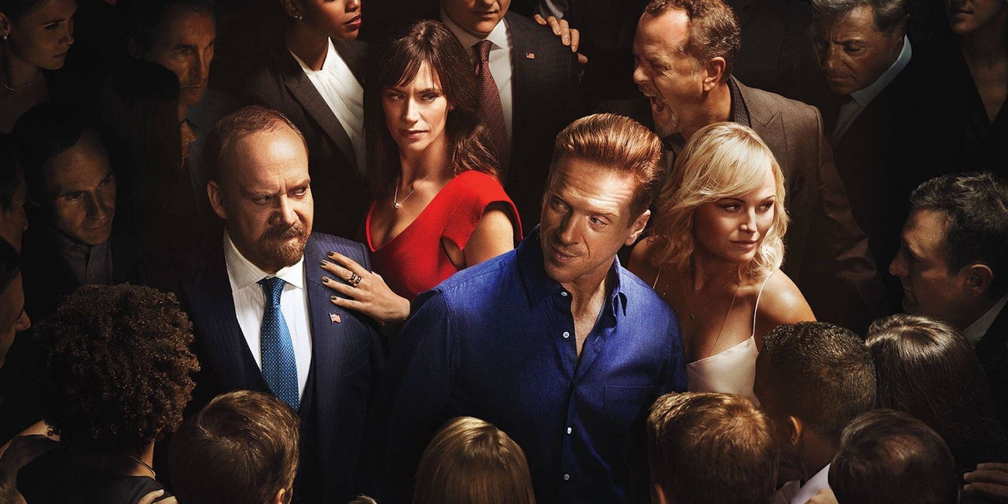 The main cast of Billions among a crowd.
