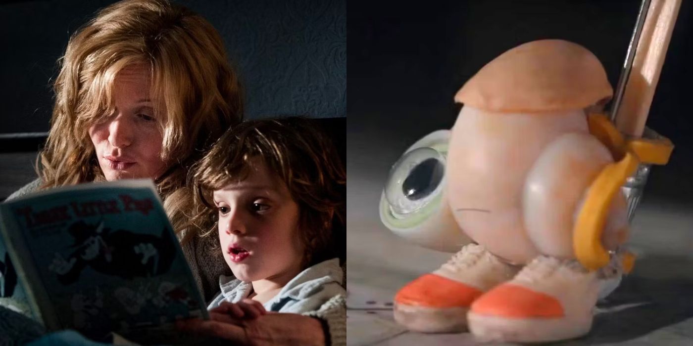 A split image showing characters from The Babadook and Marcel the Shell with Shoes on