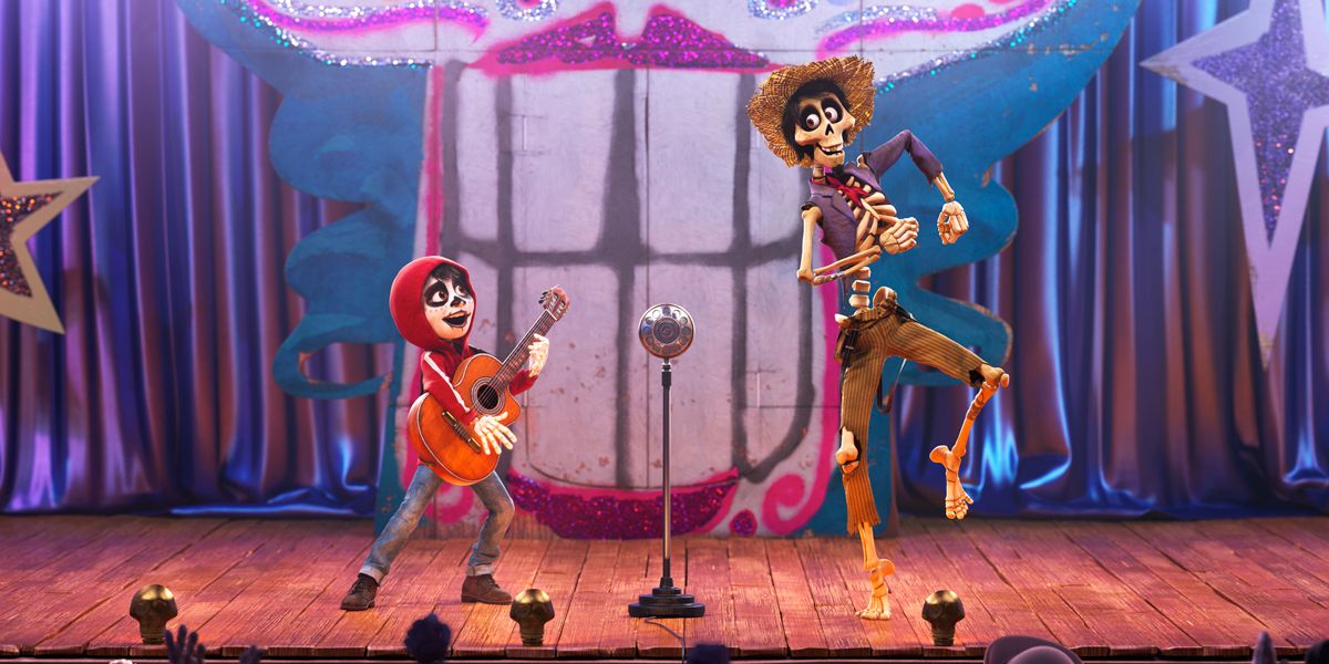 Miguel (Anthony Gonzalez) and Hector (Gael Garcia Bernal) share the stage in Coco
