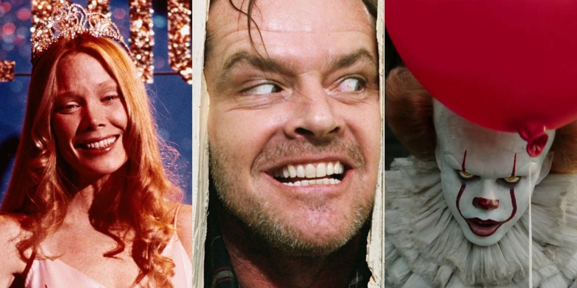 Carrie, Jack Torrance and Pennywise in three panels 