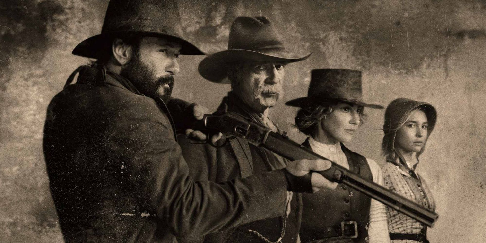 Sam Elliot as Shea Brennan, Time McGraw as James Dutton, and Fath Hill as Margaret Dutton standing side by side in a black and promotional image for 1883.