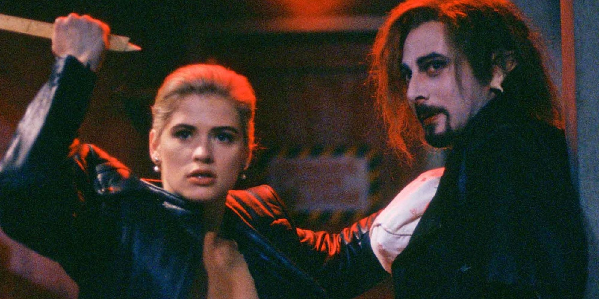 Kristy Swanson about to stake Paul Reubens in Buffy the Vampre Slayer