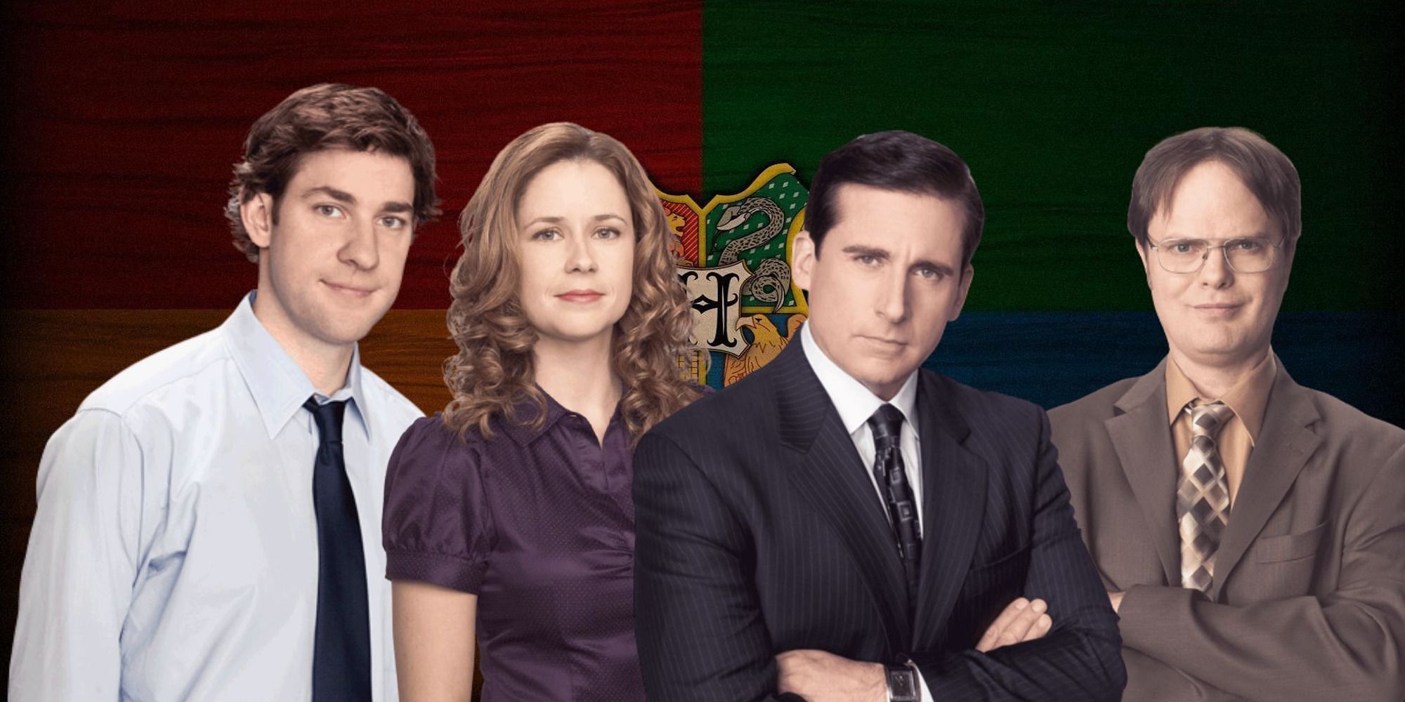 Collage with Jim, Pam, Michael, and Dwight from The Office, with a Hogwarts emblem background