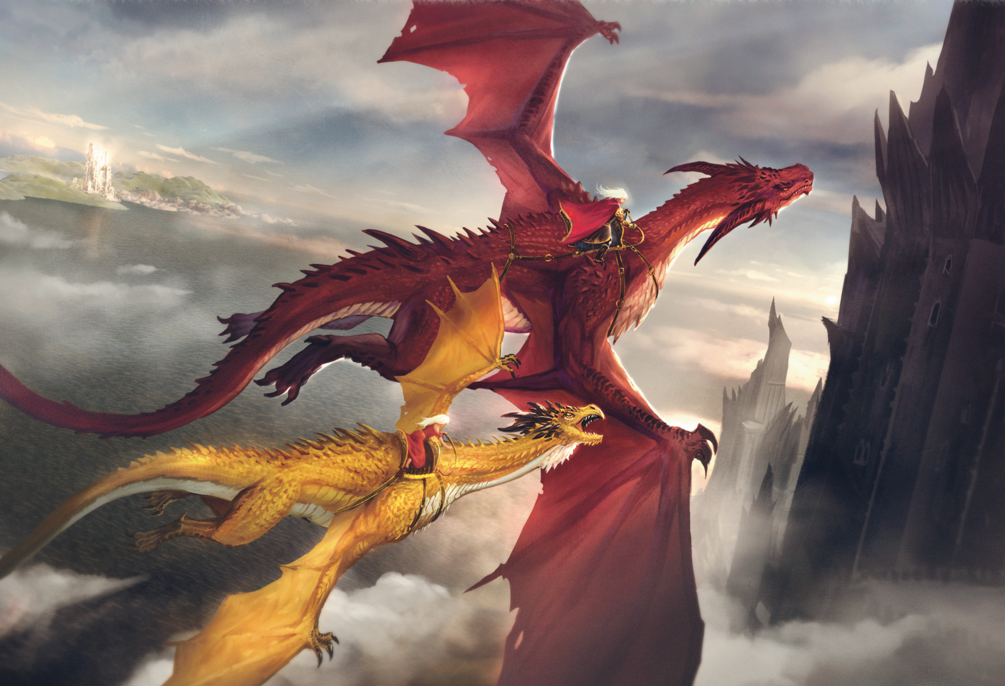 Concept art of Daemon and Rhaenyra on dragon back