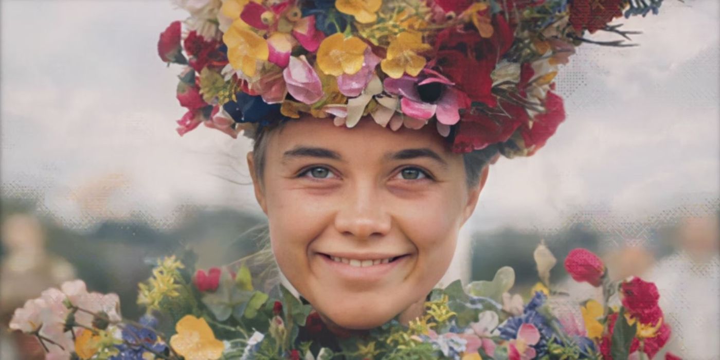 Florence Pugh as Dani dressed in flowers and smiling in Midsommar (2019)