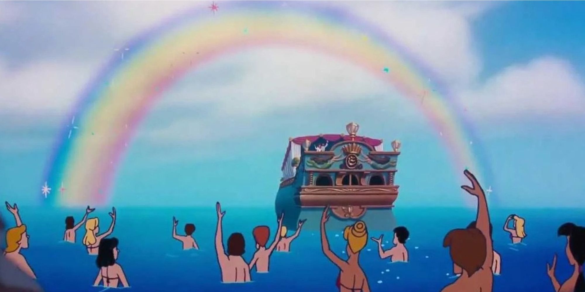 Mermaids in the ocean waving at a boat floating under a rainbow