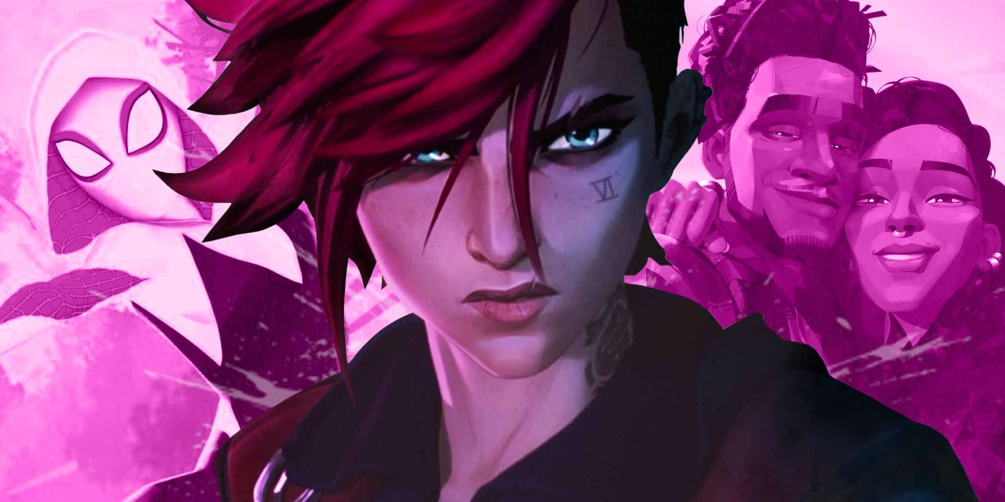 Vi from 'Arcane' pictured beside Spider-Gwen from 'Spider-Man: Into the Spider-Verse' and Jabari and Meadow from 'Entergalactic'