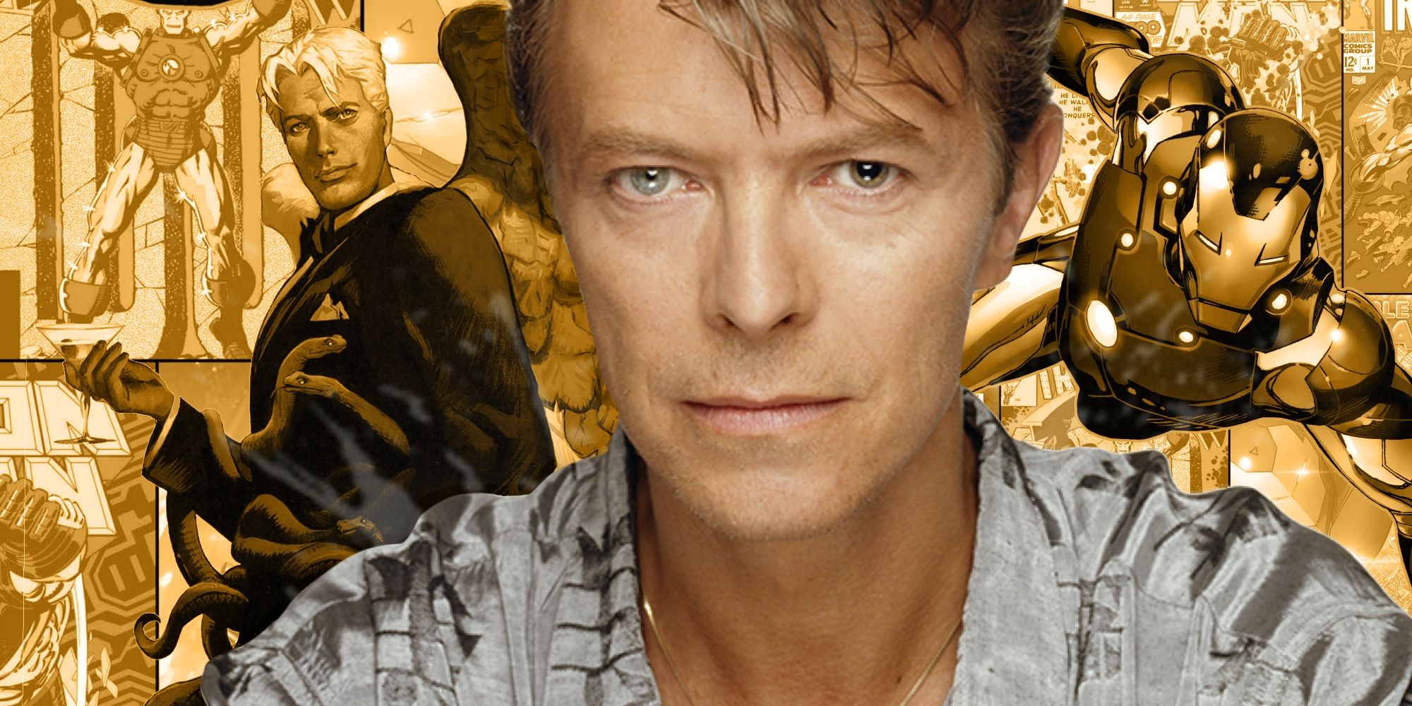 David Bowie pictured beside DC Comics' Lucifer Morningstar and Marvel Comics' Iron Man