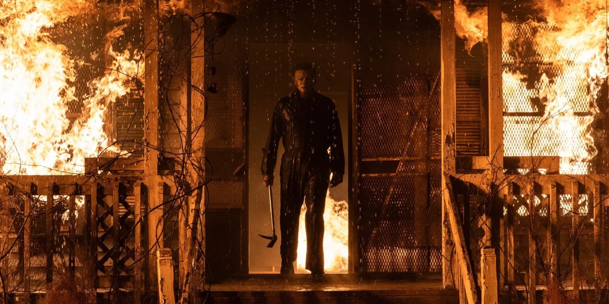 Michael Myers walking out of a burning house