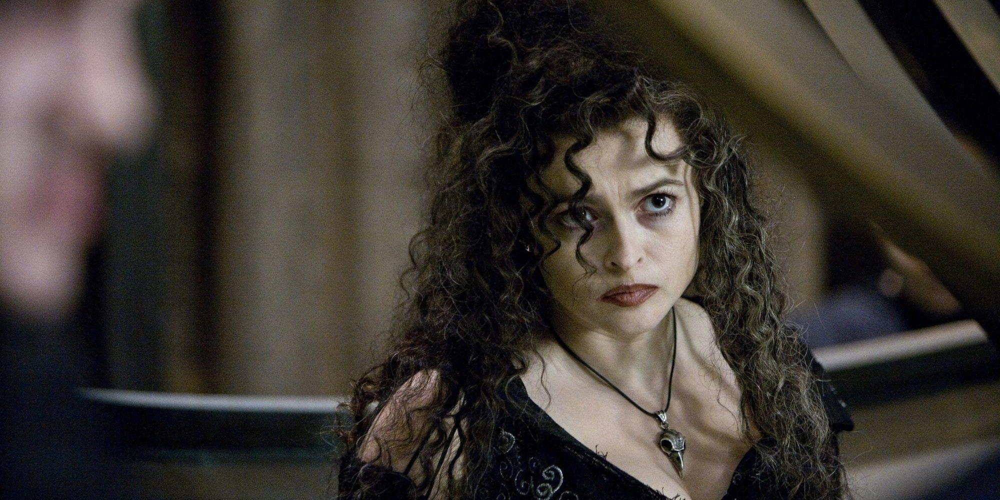 Bellatrix Lestrange, played by Helena Bonham Carter, looking at something in 'Harry Potter and the Half-Blood Prince.'