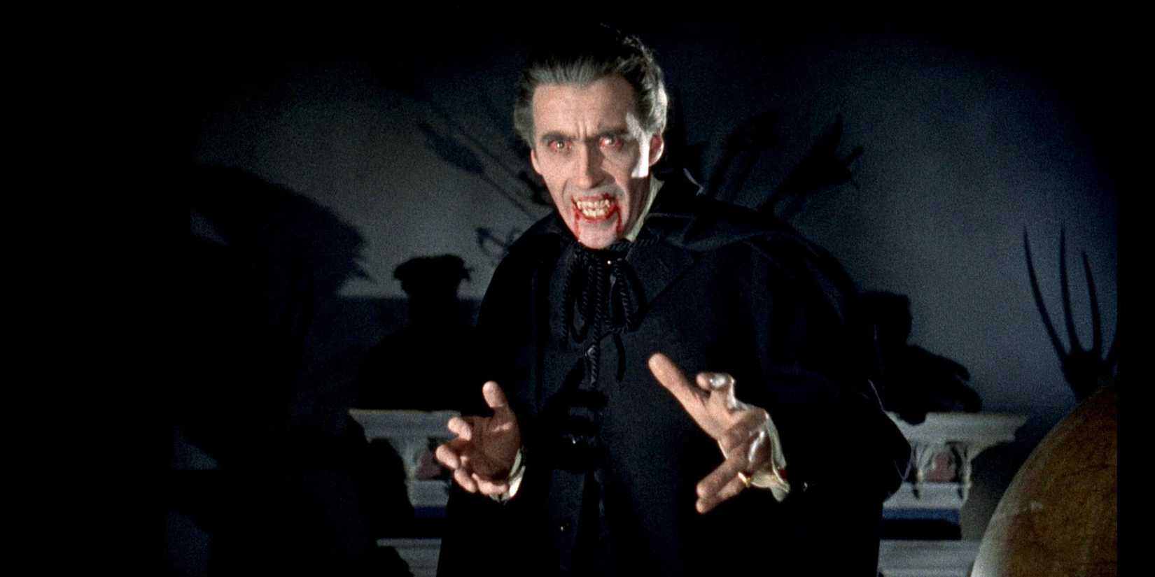 Christopher Lee as Dracula with blood on his face in Horror of Dracula