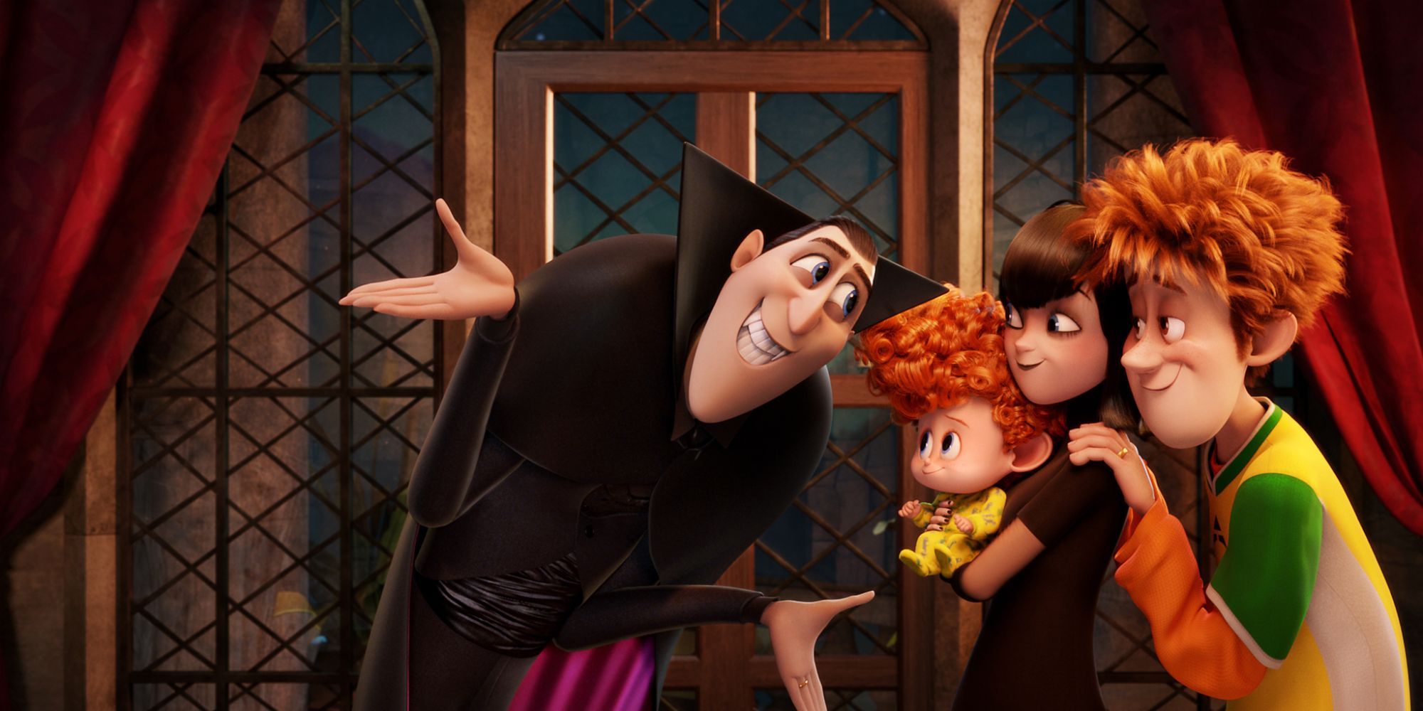 Dracula welcoming a family in a scene from Hotel Transylvania