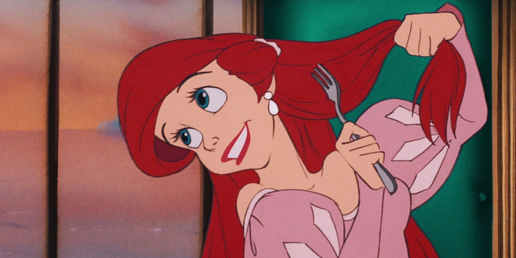 Ariel humaine se brossant les cheveux avec une fourchette dans La Petite Sirène (1989).