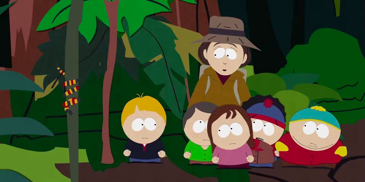 Miss Stevens and the children in a rainforest in South Park