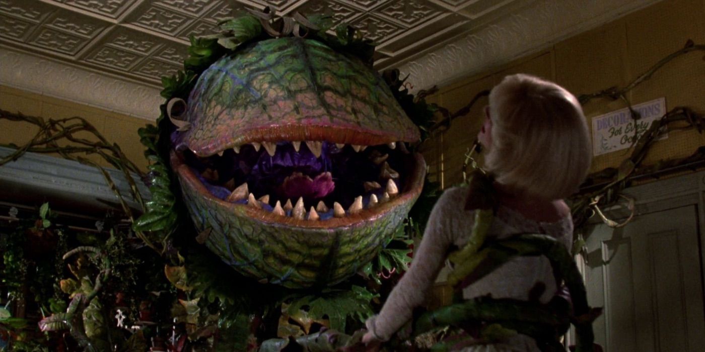 Audrey II the carnivorous plant holding the person Audrey with his vines in Little Shop of Horrors (1986).