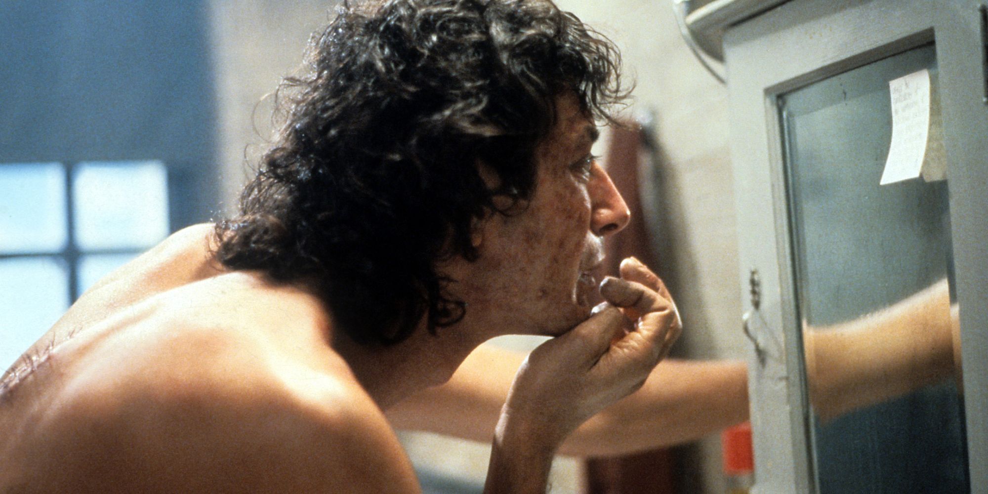Seth Brundle gazing at his changing body in the mirror in The Fly