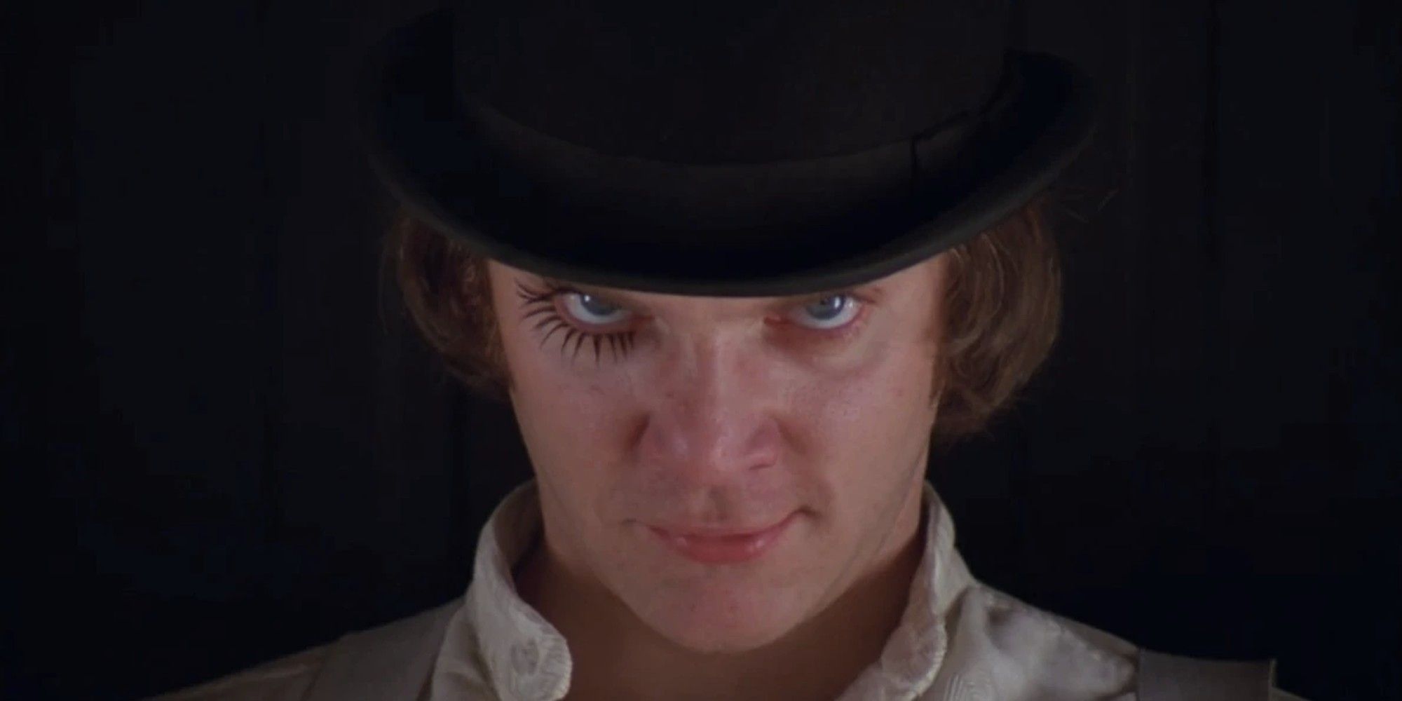 Alex DeLarge staring intently at the camera in 'A Clockwork Orange'