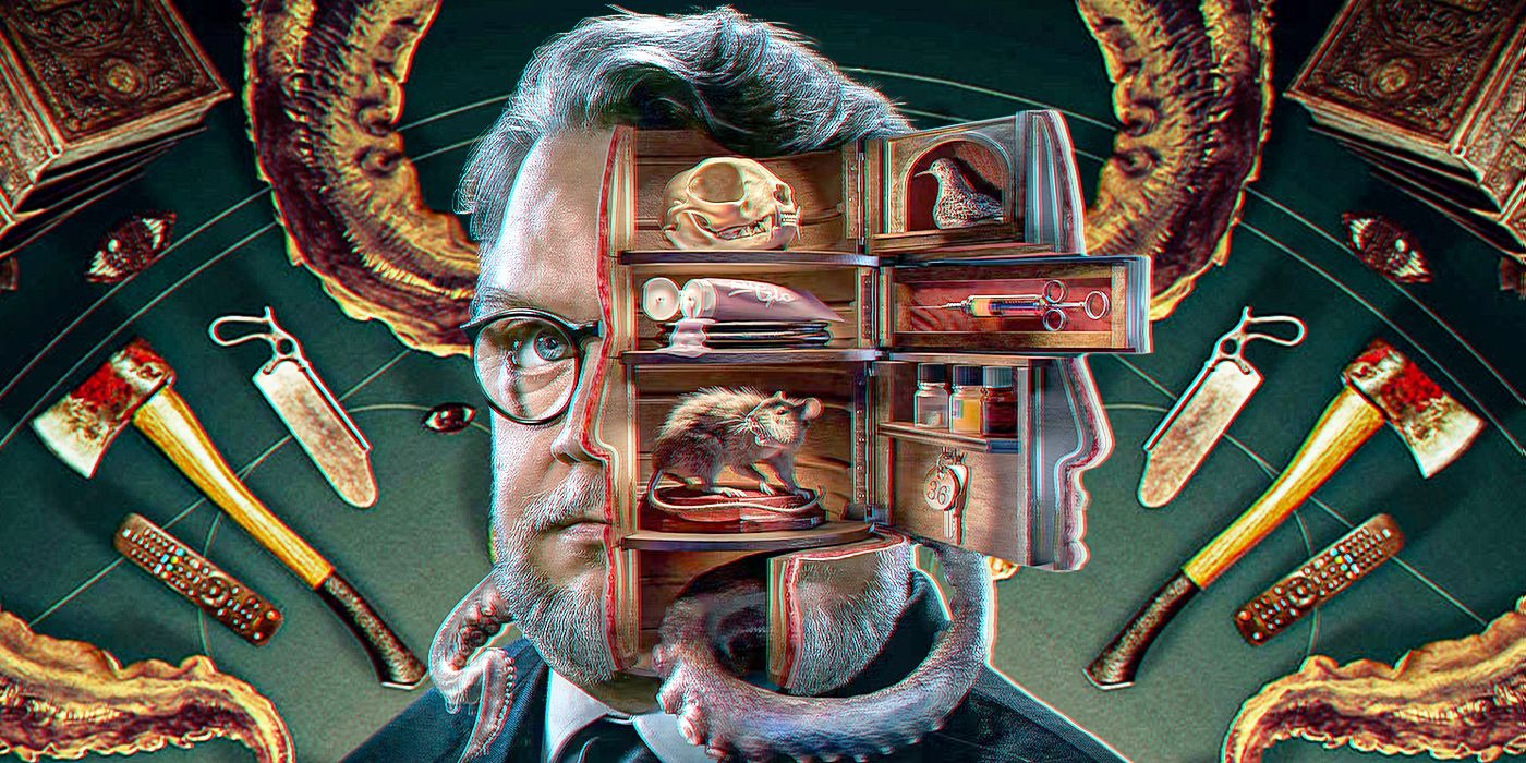 A blended image of Guillermo del Toro with monsters coming out of his face as if from cabinets.