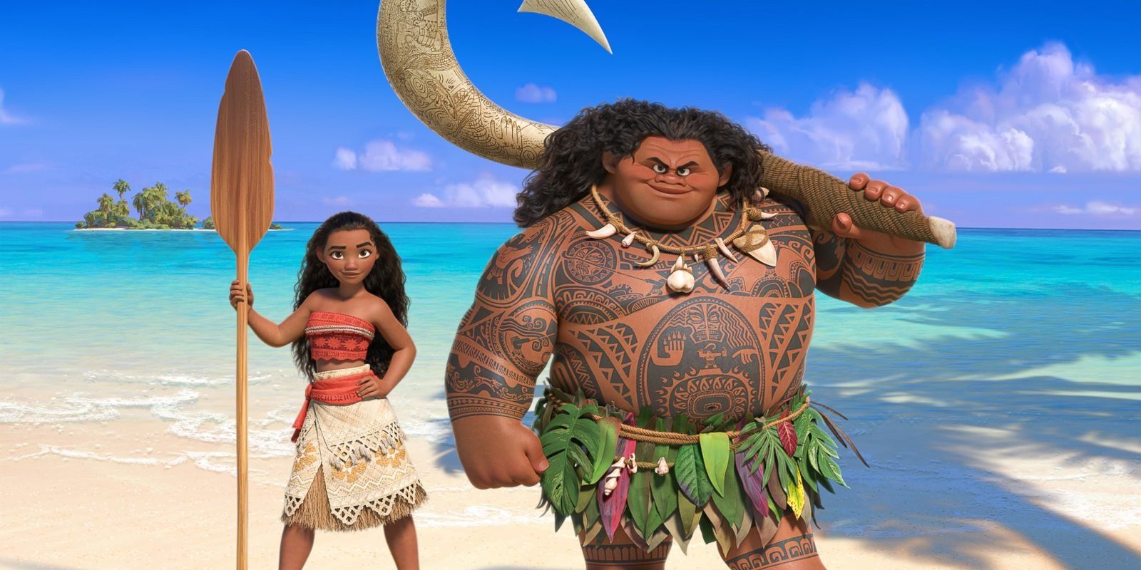 Moana and Maui standing confidently near each other holding an oar and giant hook respectively in Moana