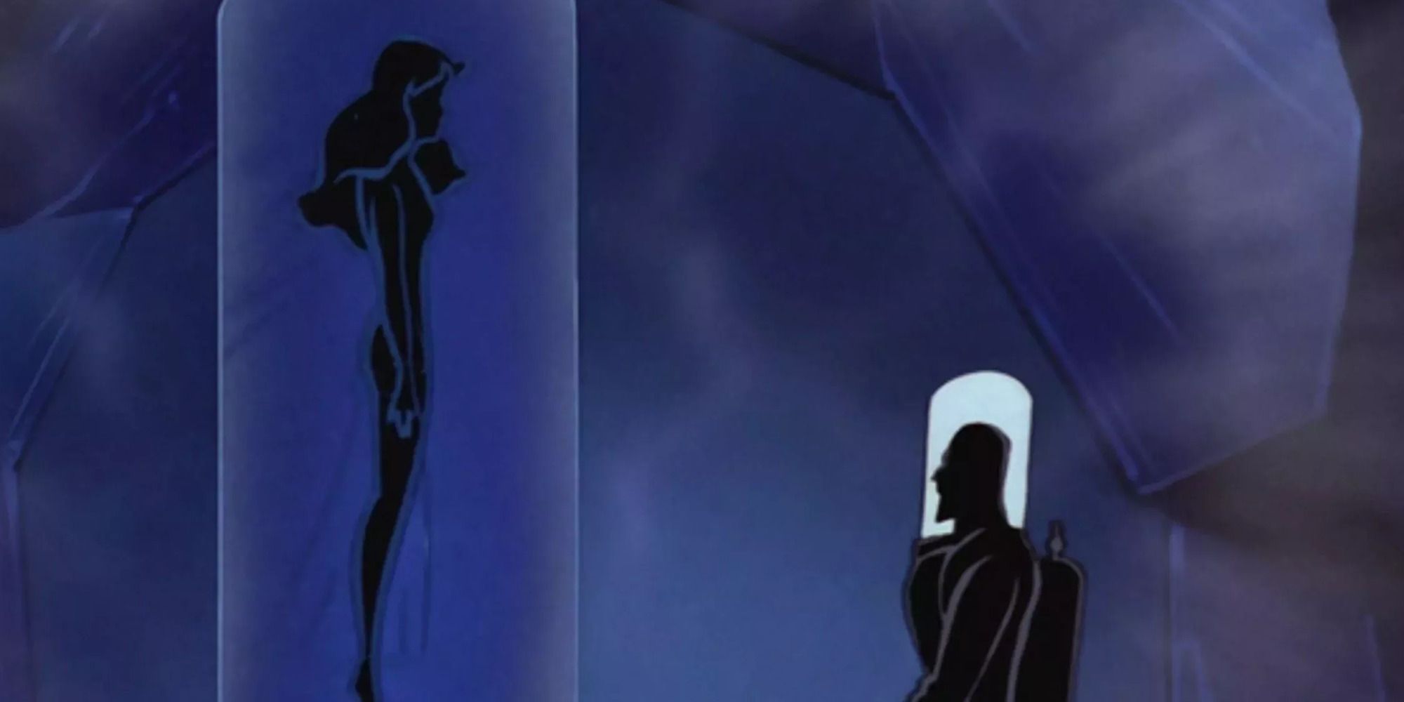 shadows of Mr Freeze staring at Nora in a suspension tank