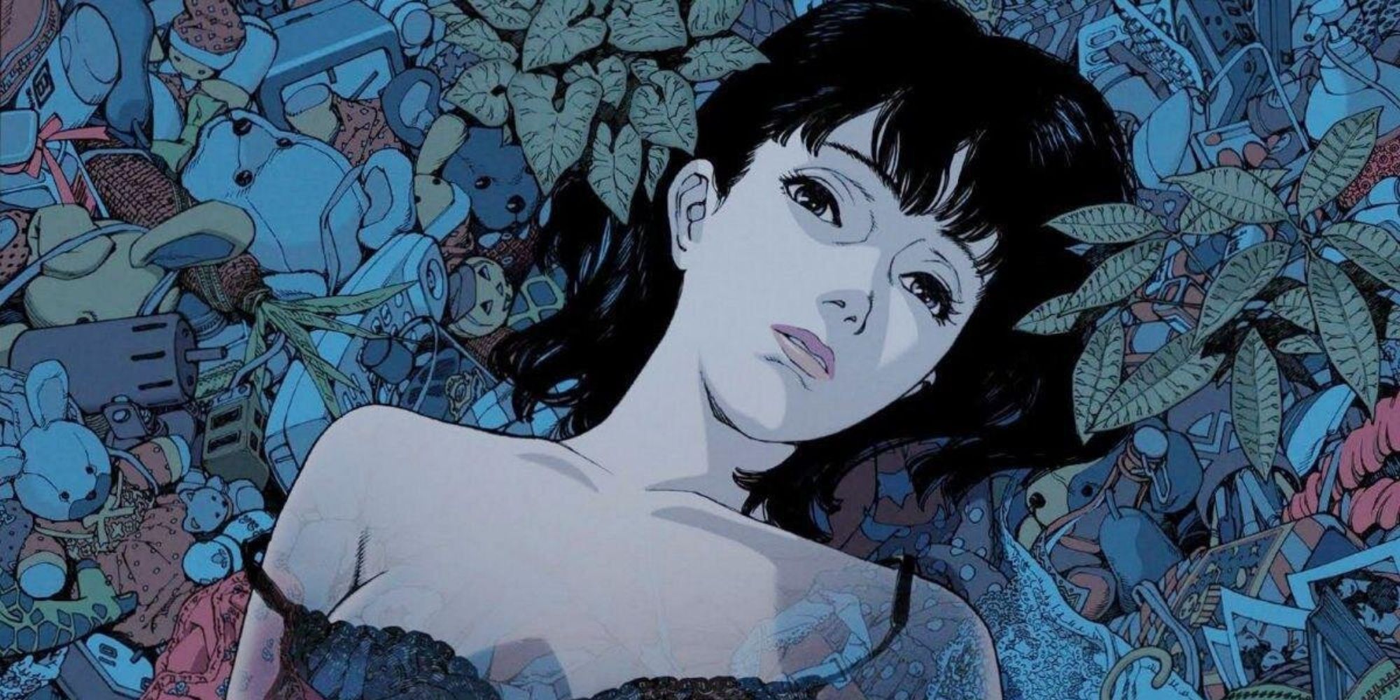A young woman lying on a bed of plants and objects in Perfect Blue