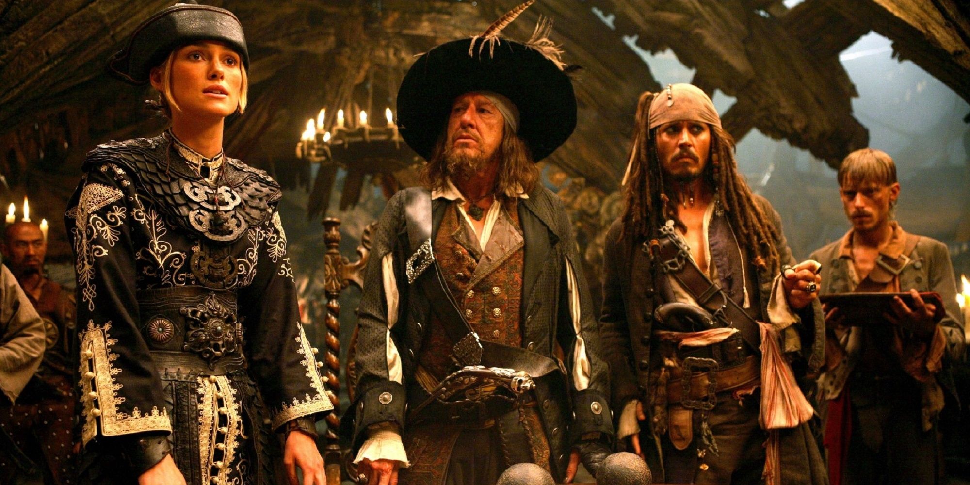 Elizabeth Swann, Captain Barbossa, and Jack Sparrow at Shipwreck Cove.