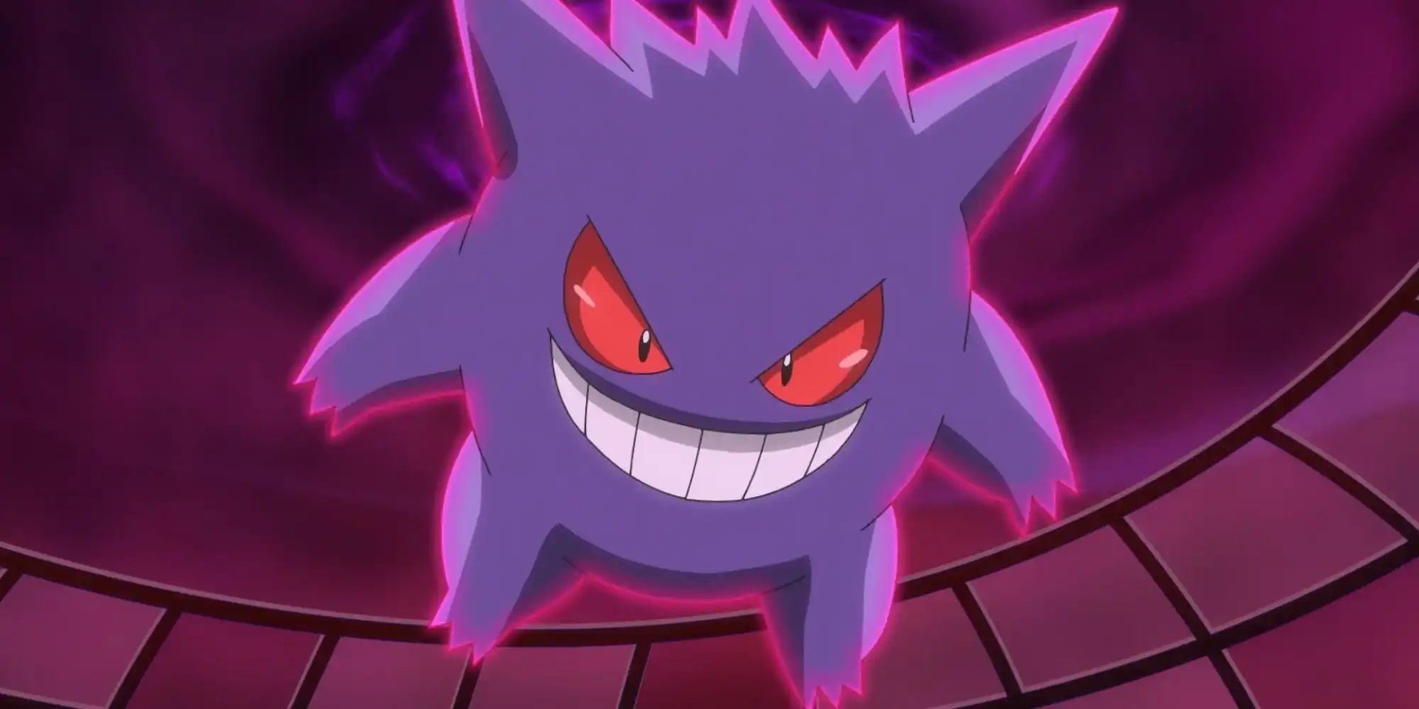 A Gengar floating in a stadium smiling wickedly in the Pokémon anime.