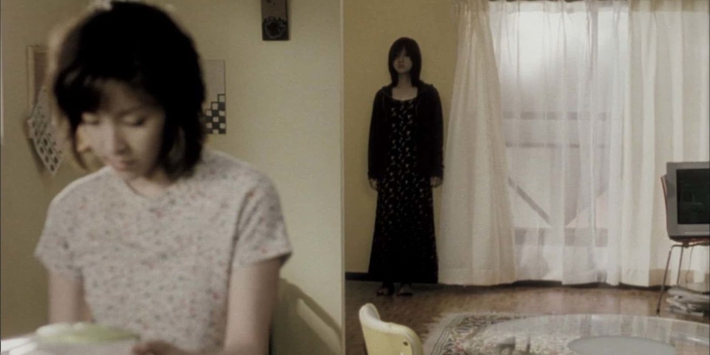 A young woman looking down while a ghostly woman stands in the back in Pulse