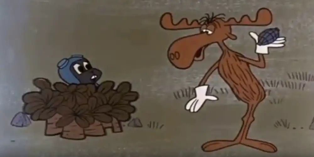 Rocky is concerned as Bullwinkle holds a grenade