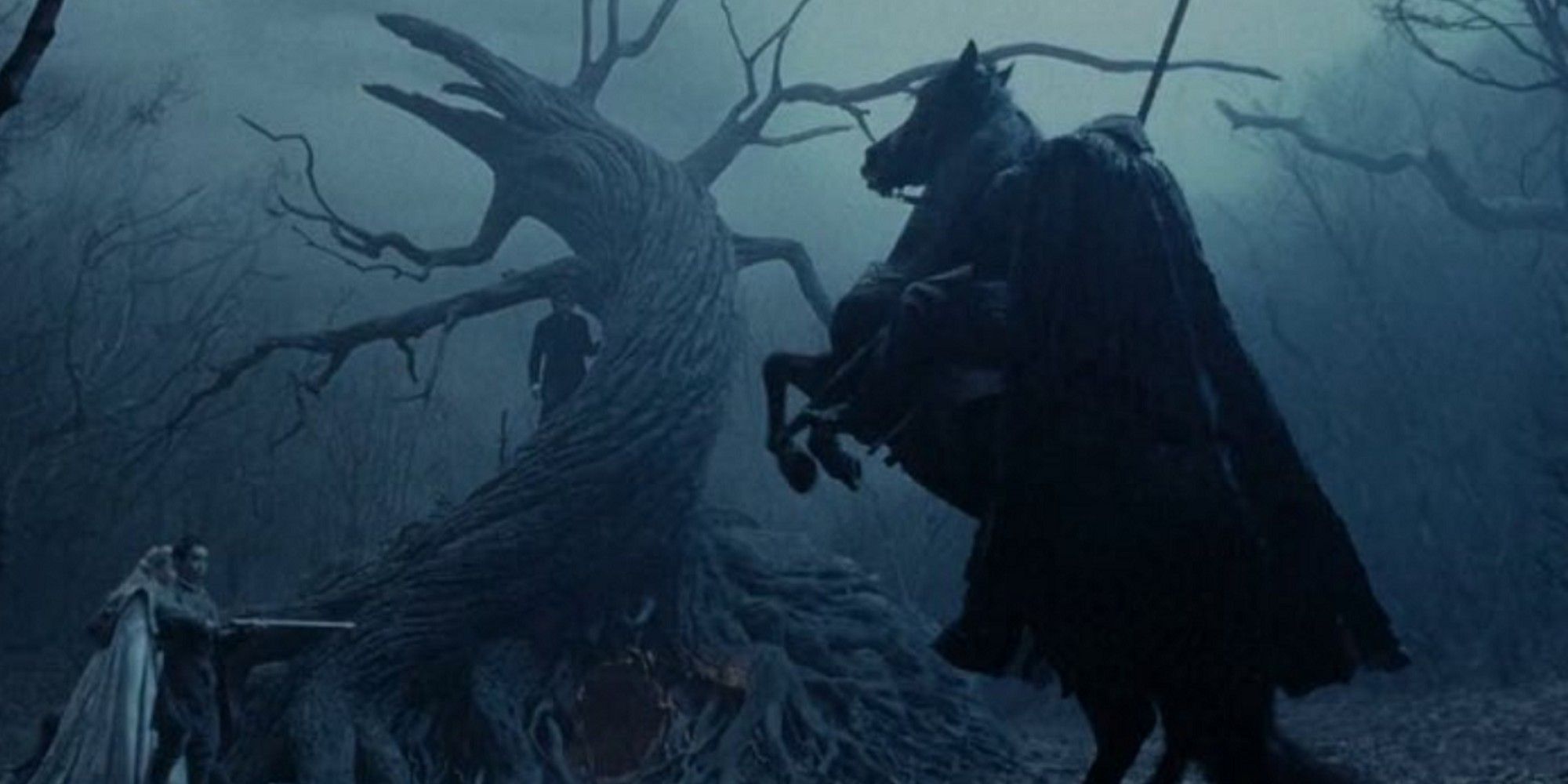 Le cavalier sans tête devant l'arbre des morts dans SLEEPY HOLLOW