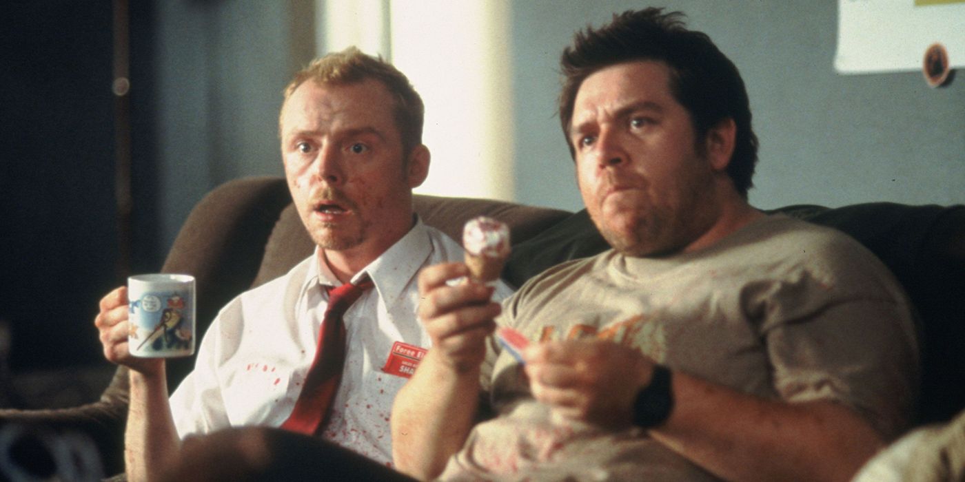 Simon Pegg and Nick Frost watch Shaun of the Dead on TV