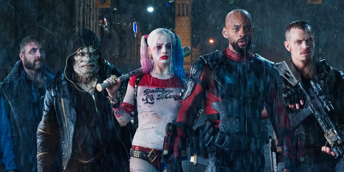 The Suicide Squad (Captain Boomerang, Killer Croc, Harley Quinn, Deadshot and Rick Flag) drenched in rain