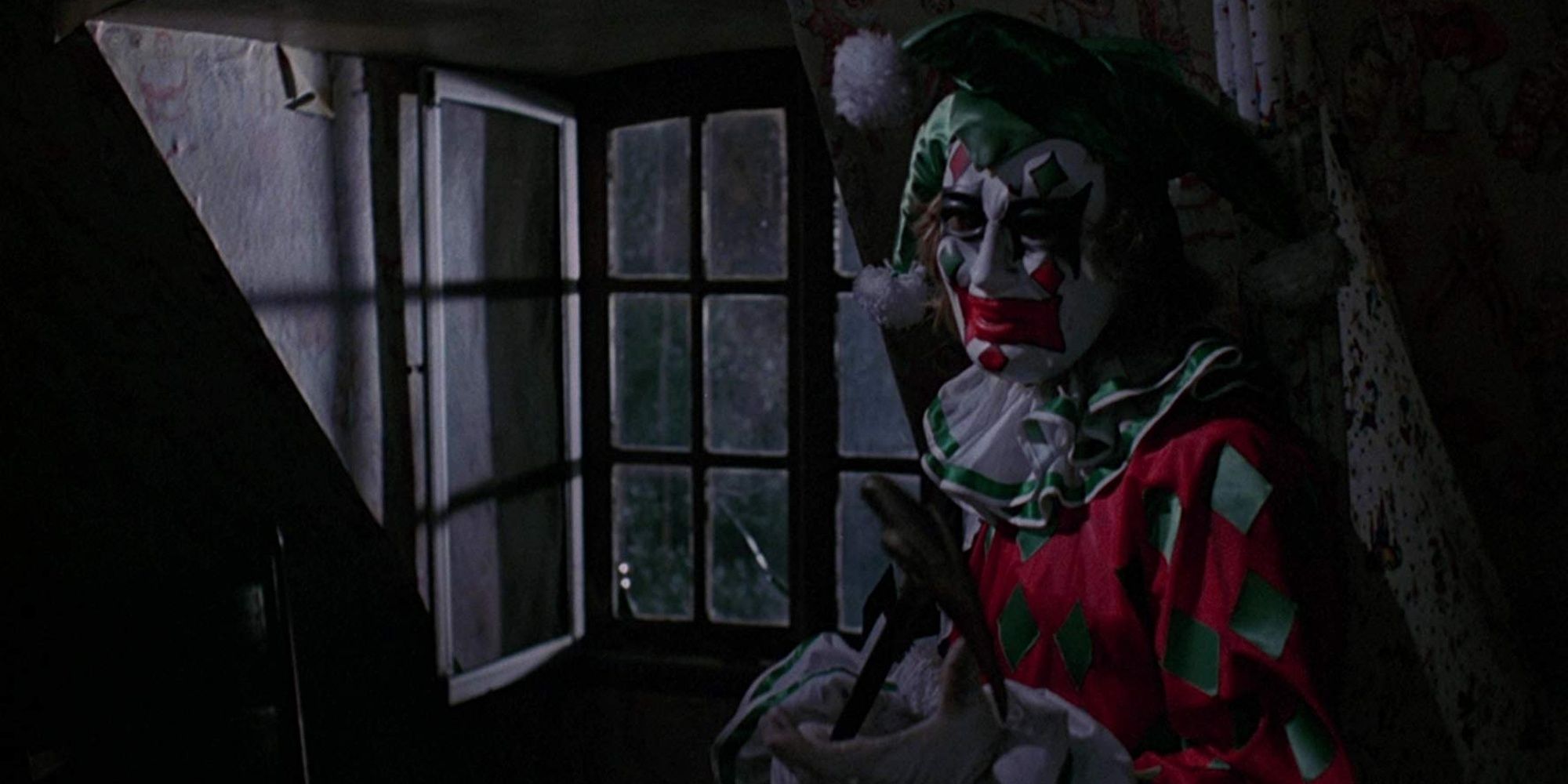 A creepy killer clown in The House on Sorority Row